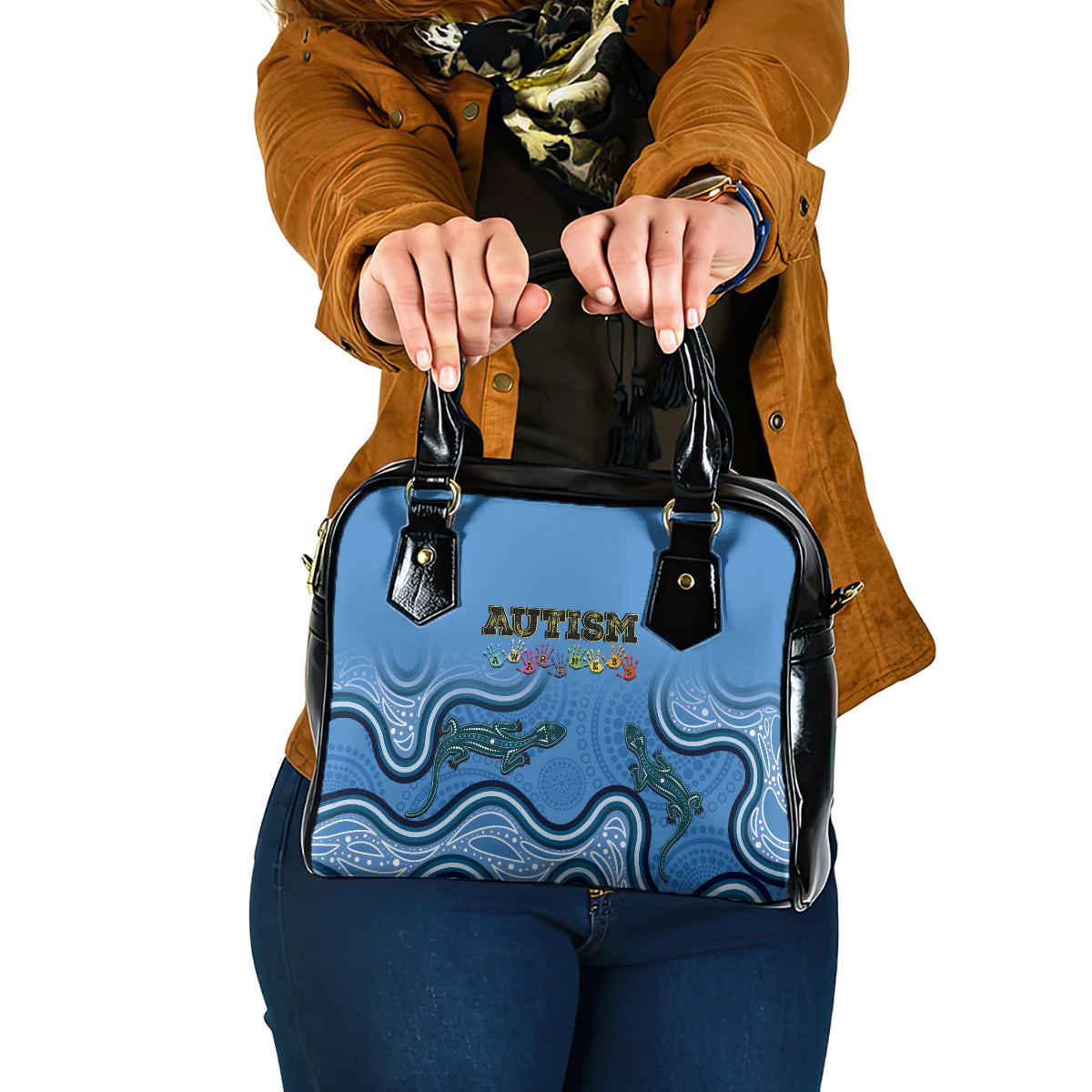 Australia Autism Awareness Shoulder Handbag In April We Wear Blue Aboriginal Lizard