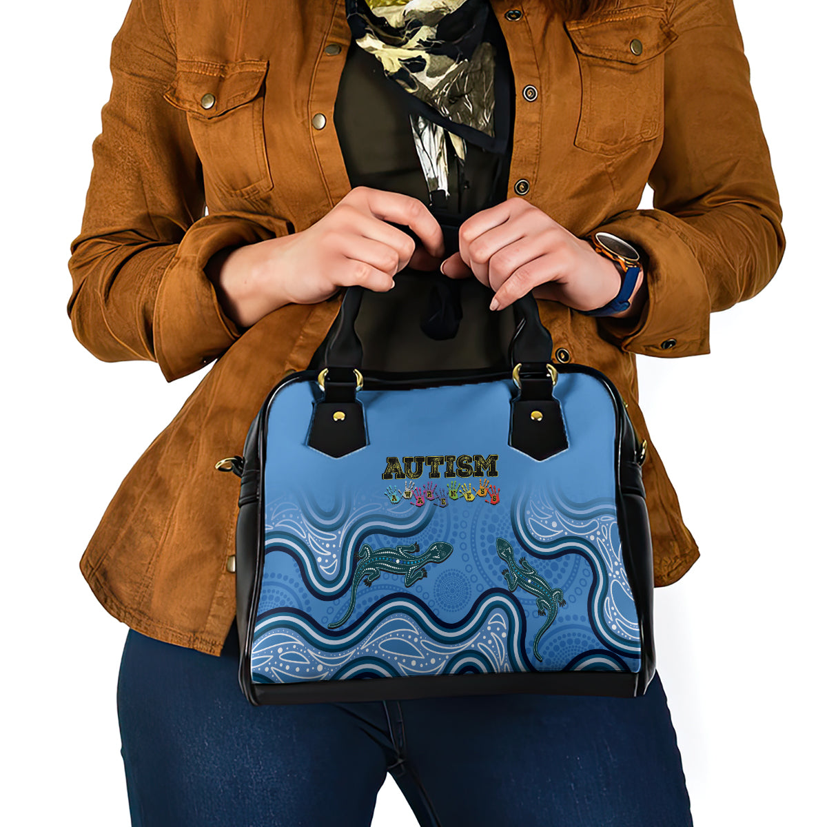 Australia Autism Awareness Shoulder Handbag In April We Wear Blue Aboriginal Lizard