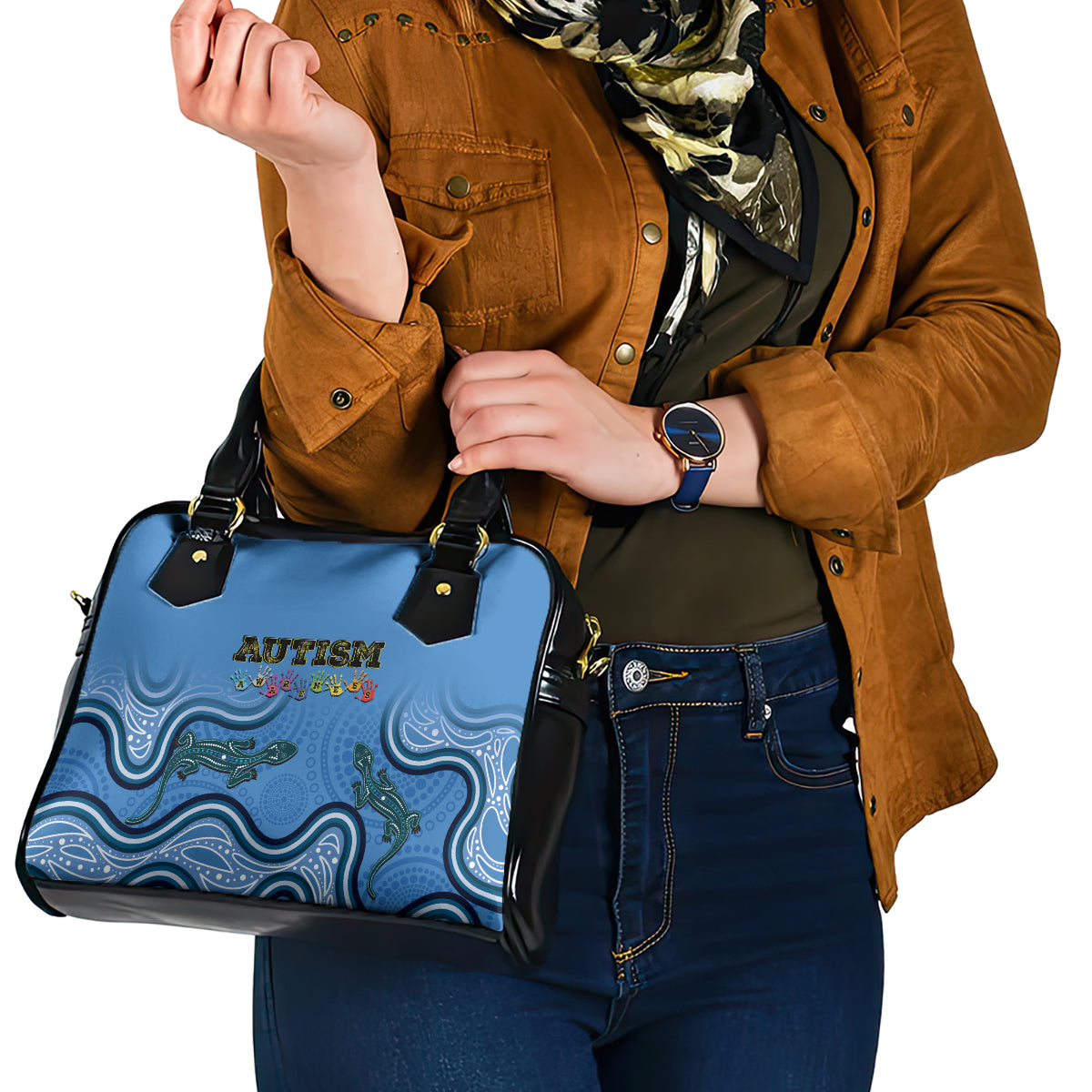 Australia Autism Awareness Shoulder Handbag In April We Wear Blue Aboriginal Lizard