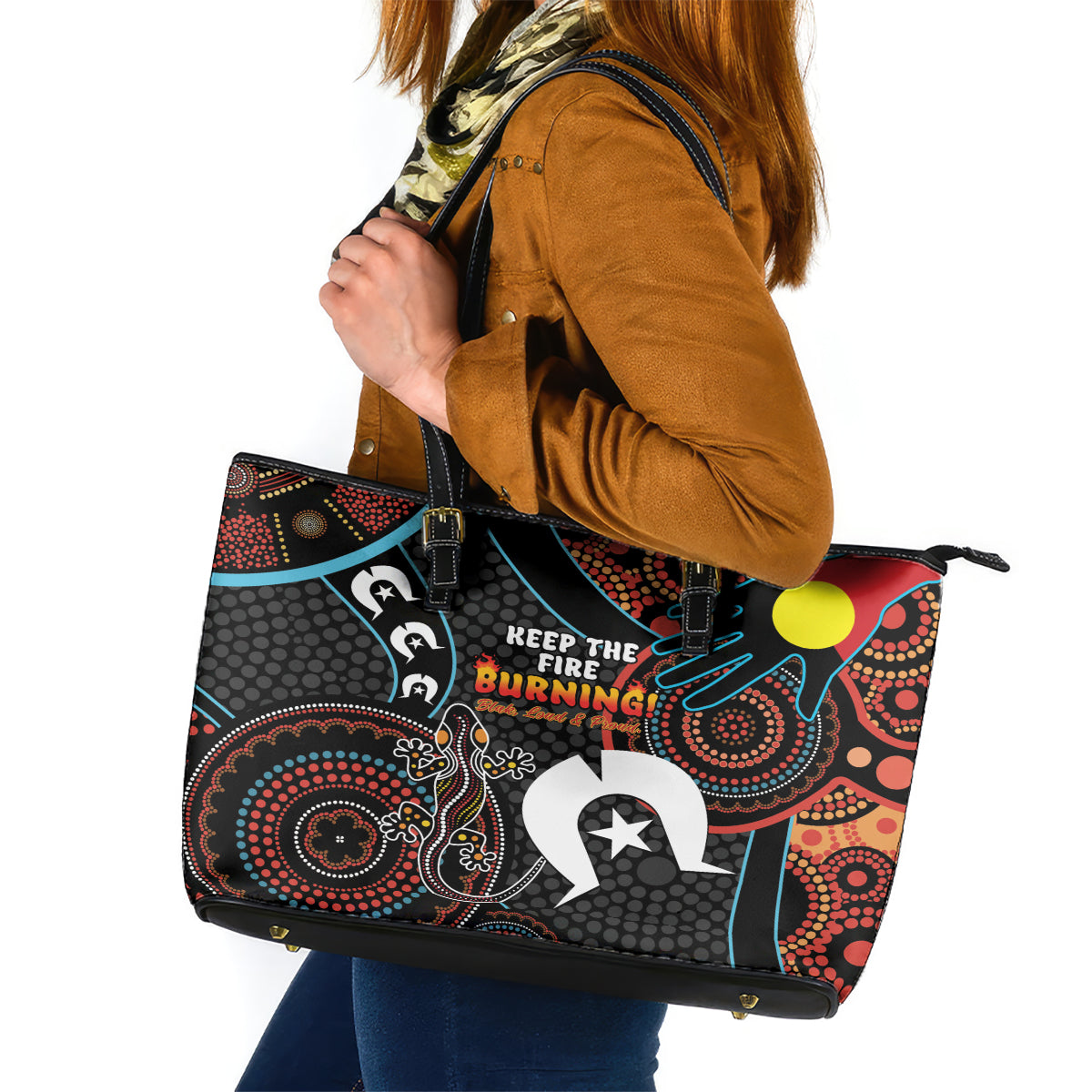 NAIDOC Week 2024 Leather Tote Bag Keep The Fire Burning Indigenous Art