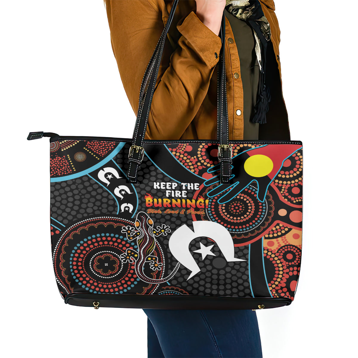 NAIDOC Week 2024 Leather Tote Bag Keep The Fire Burning Indigenous Art