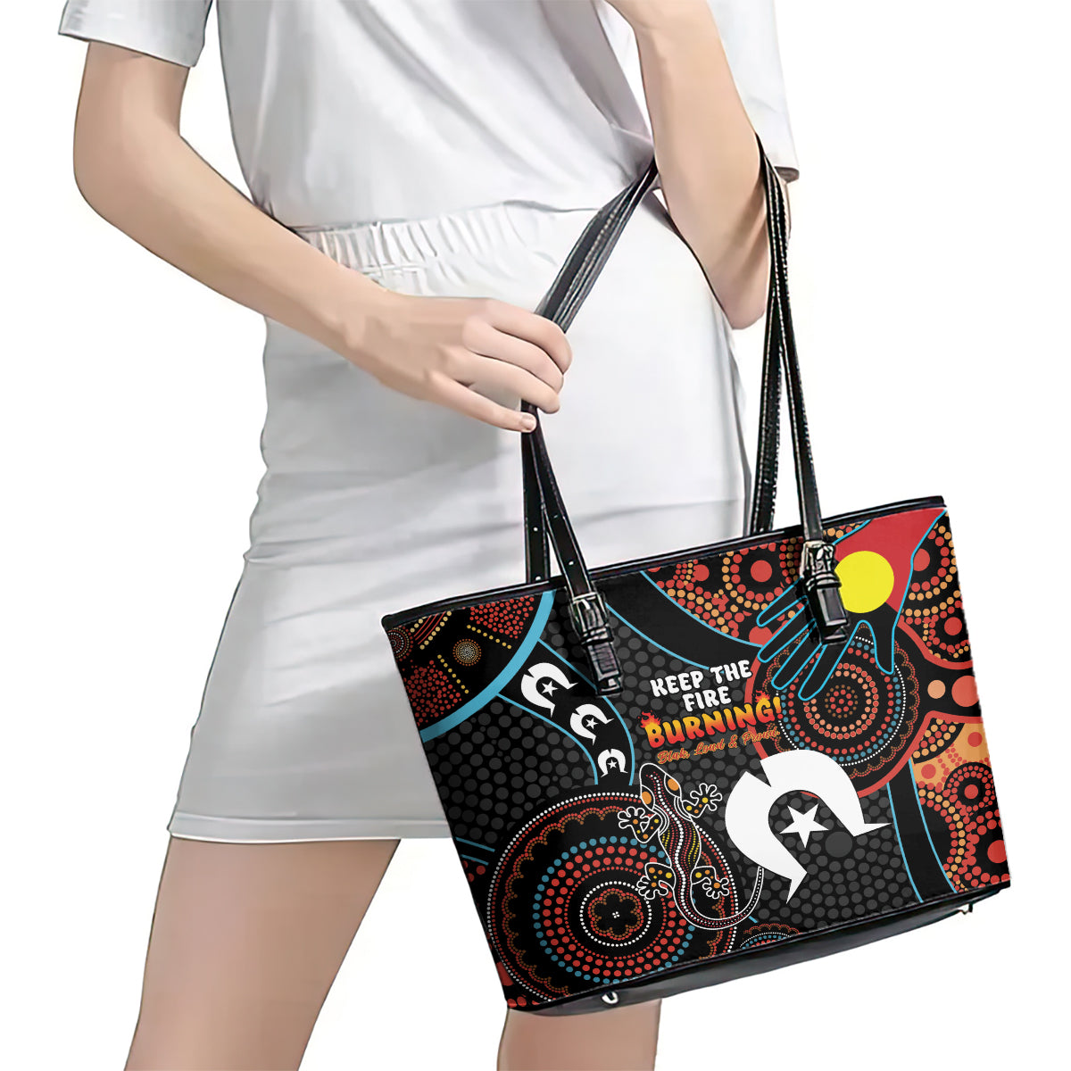 NAIDOC Week 2024 Leather Tote Bag Keep The Fire Burning Indigenous Art