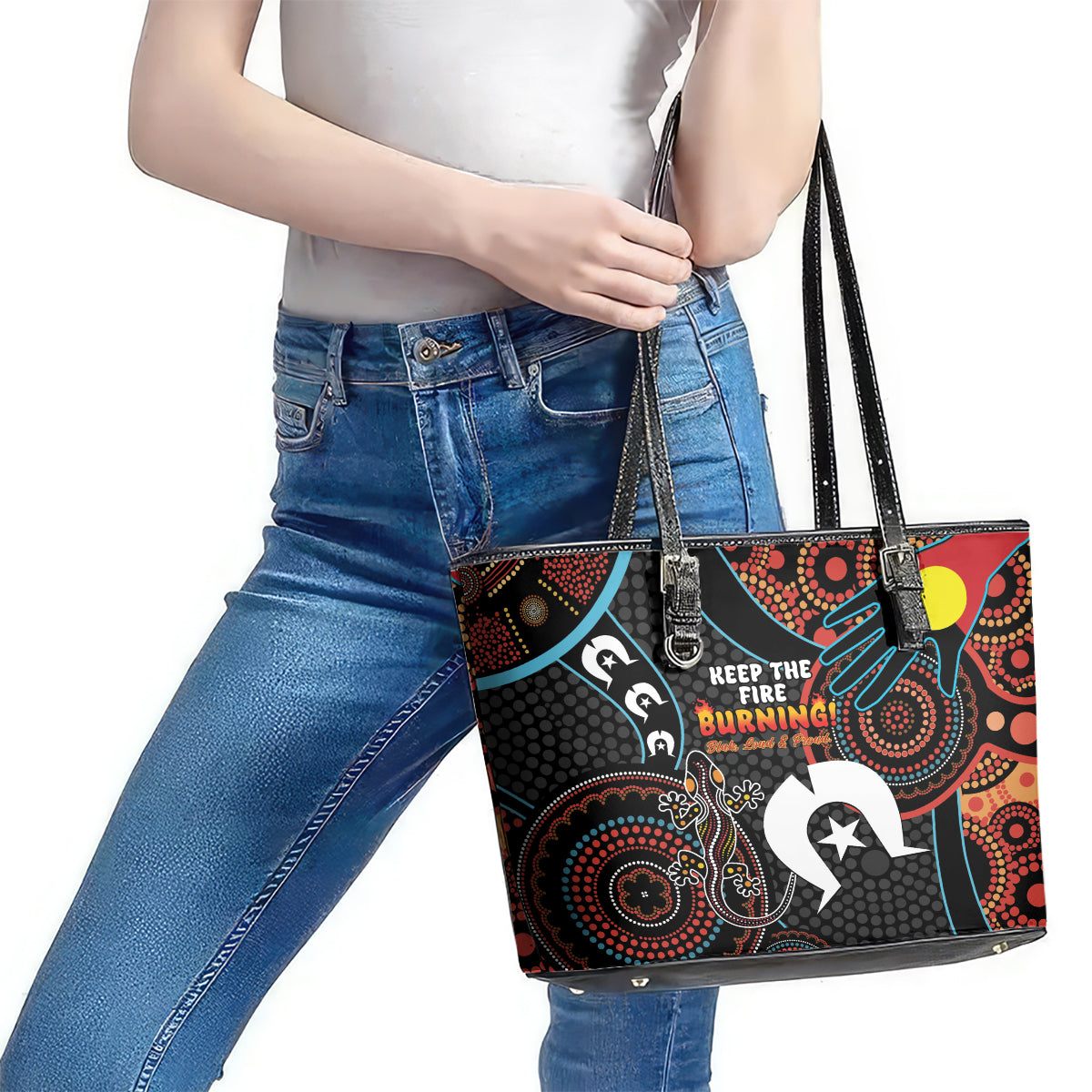 NAIDOC Week 2024 Leather Tote Bag Keep The Fire Burning Indigenous Art