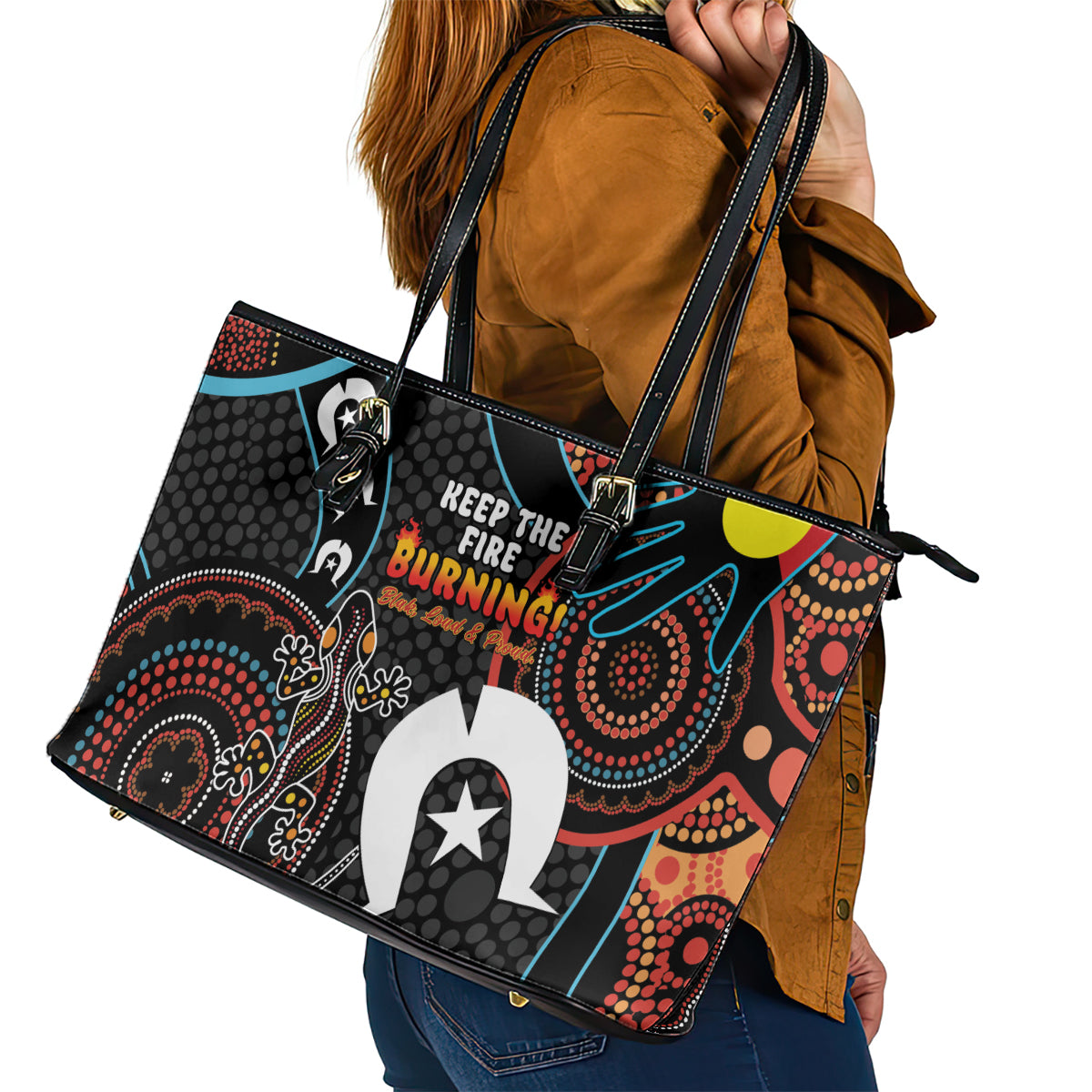 NAIDOC Week 2024 Leather Tote Bag Keep The Fire Burning Indigenous Art