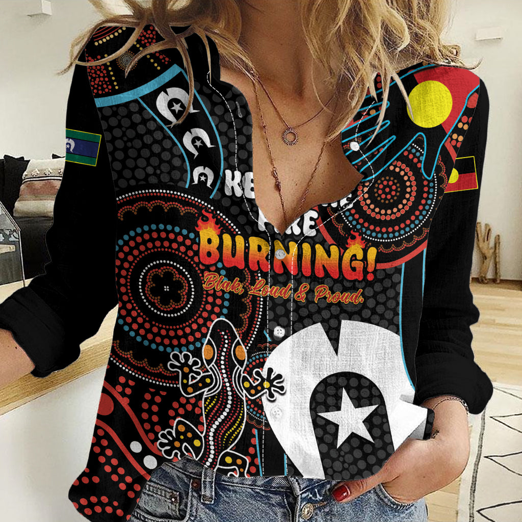 NAIDOC Week 2024 Women Casual Shirt Keep The Fire Burning Indigenous Art