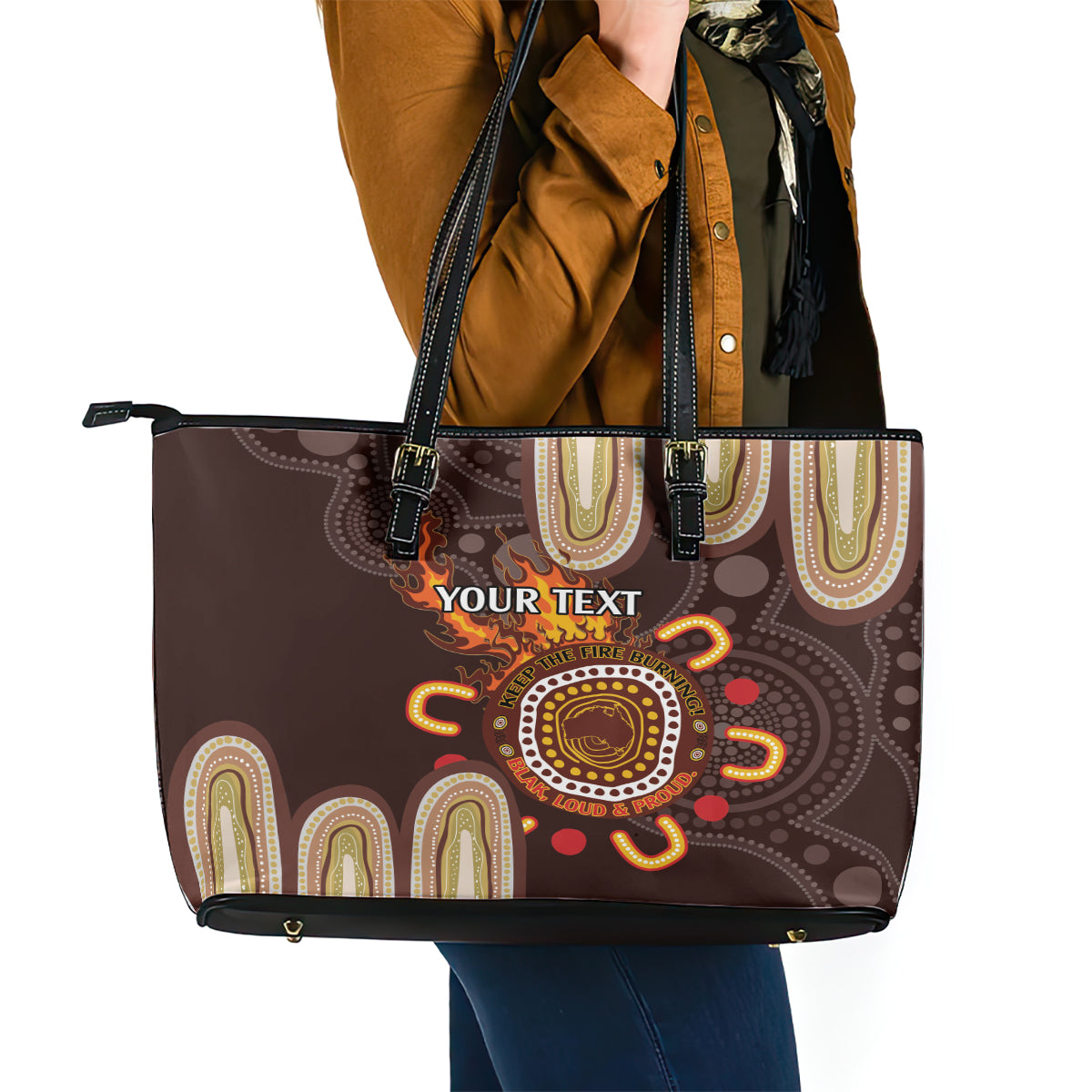 Personalised NAIDOC Week 2024 Leather Tote Bag Aussie Map With Aboriginal