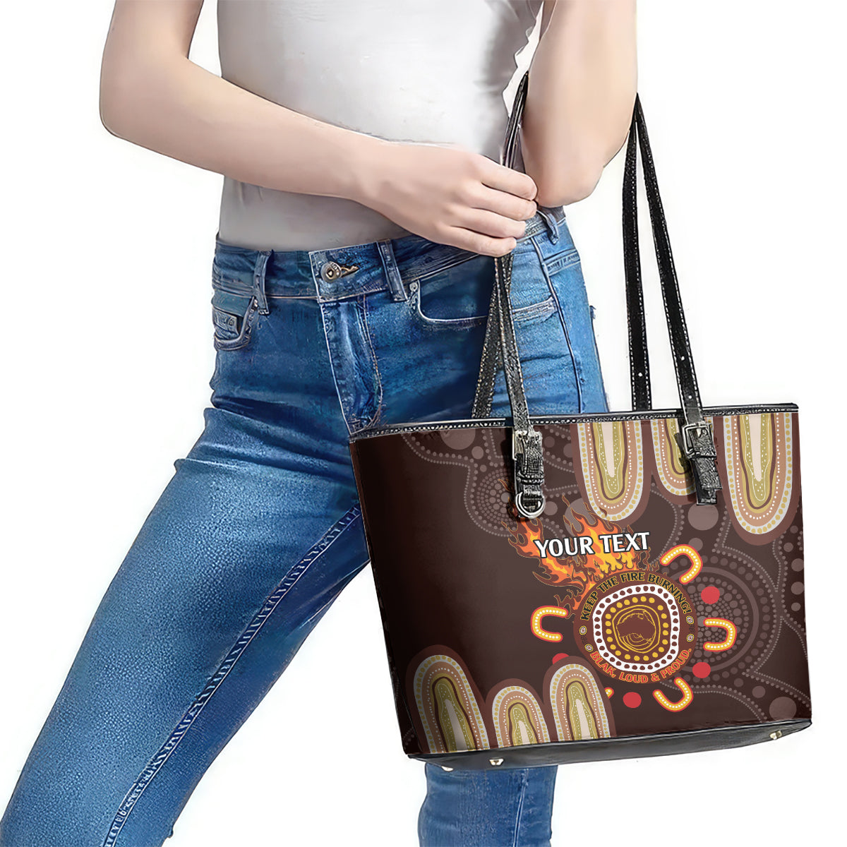 Personalised NAIDOC Week 2024 Leather Tote Bag Aussie Map With Aboriginal