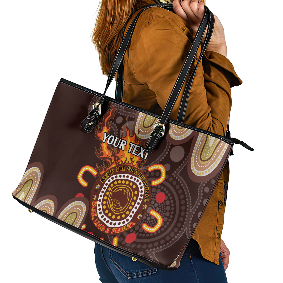 Personalised NAIDOC Week 2024 Leather Tote Bag Aussie Map With Aboriginal