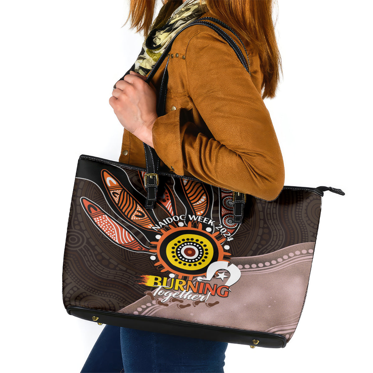 Fire Burning Together NAIDOC 2024 Leather Tote Bag Indigenous Art