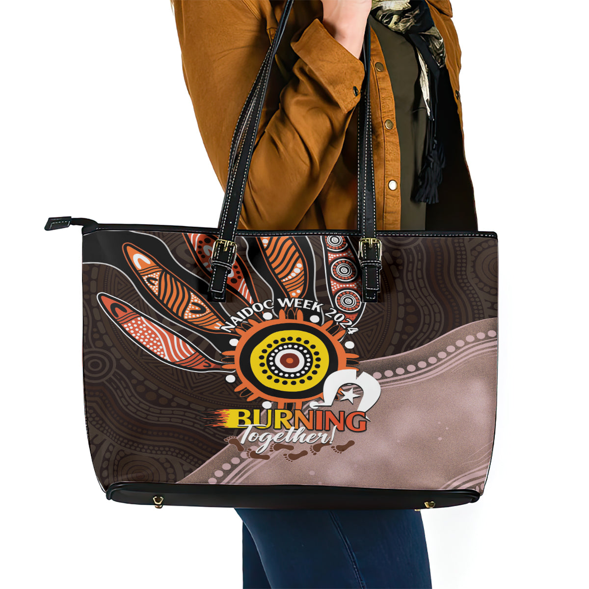 Fire Burning Together NAIDOC 2024 Leather Tote Bag Indigenous Art