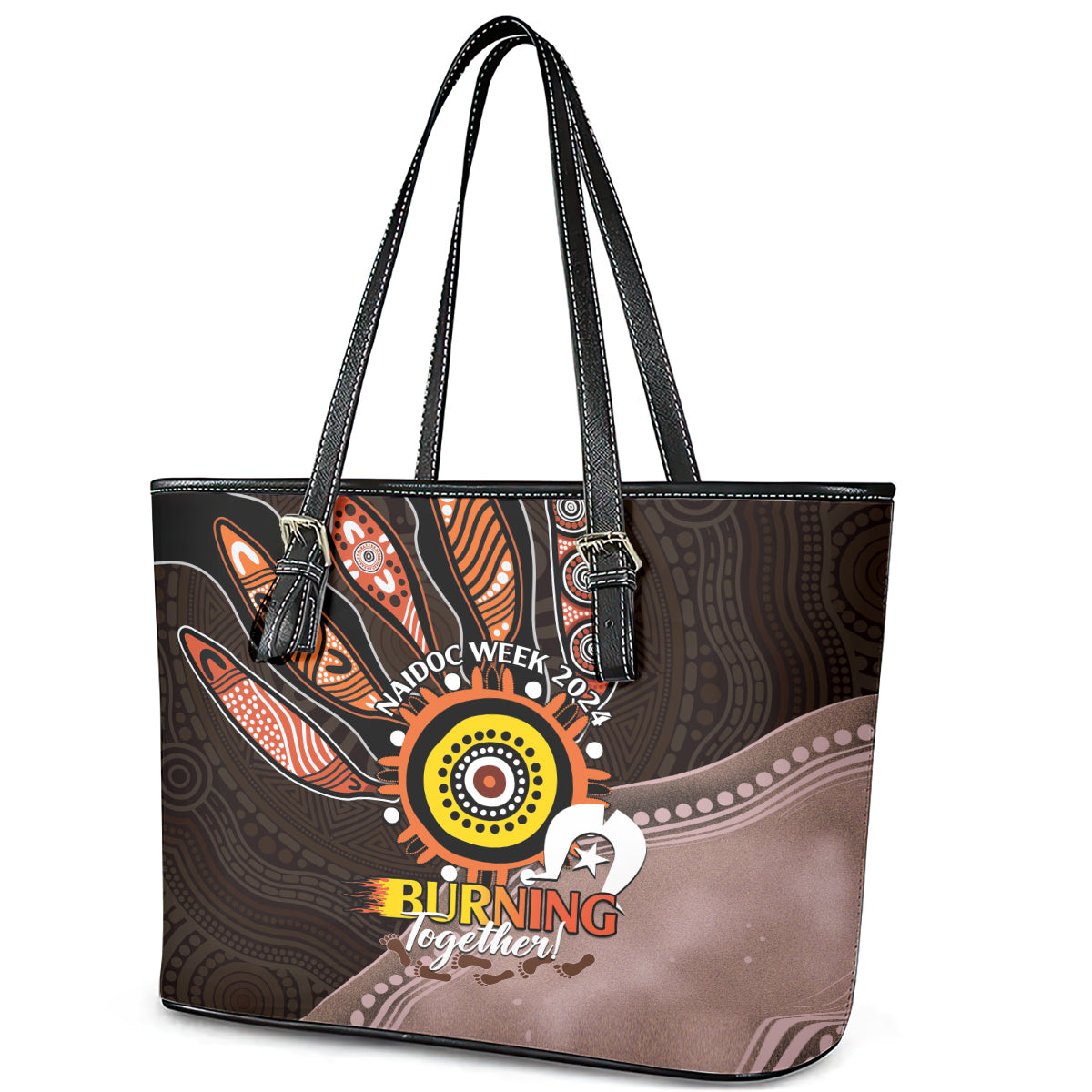 Fire Burning Together NAIDOC 2024 Leather Tote Bag Indigenous Art