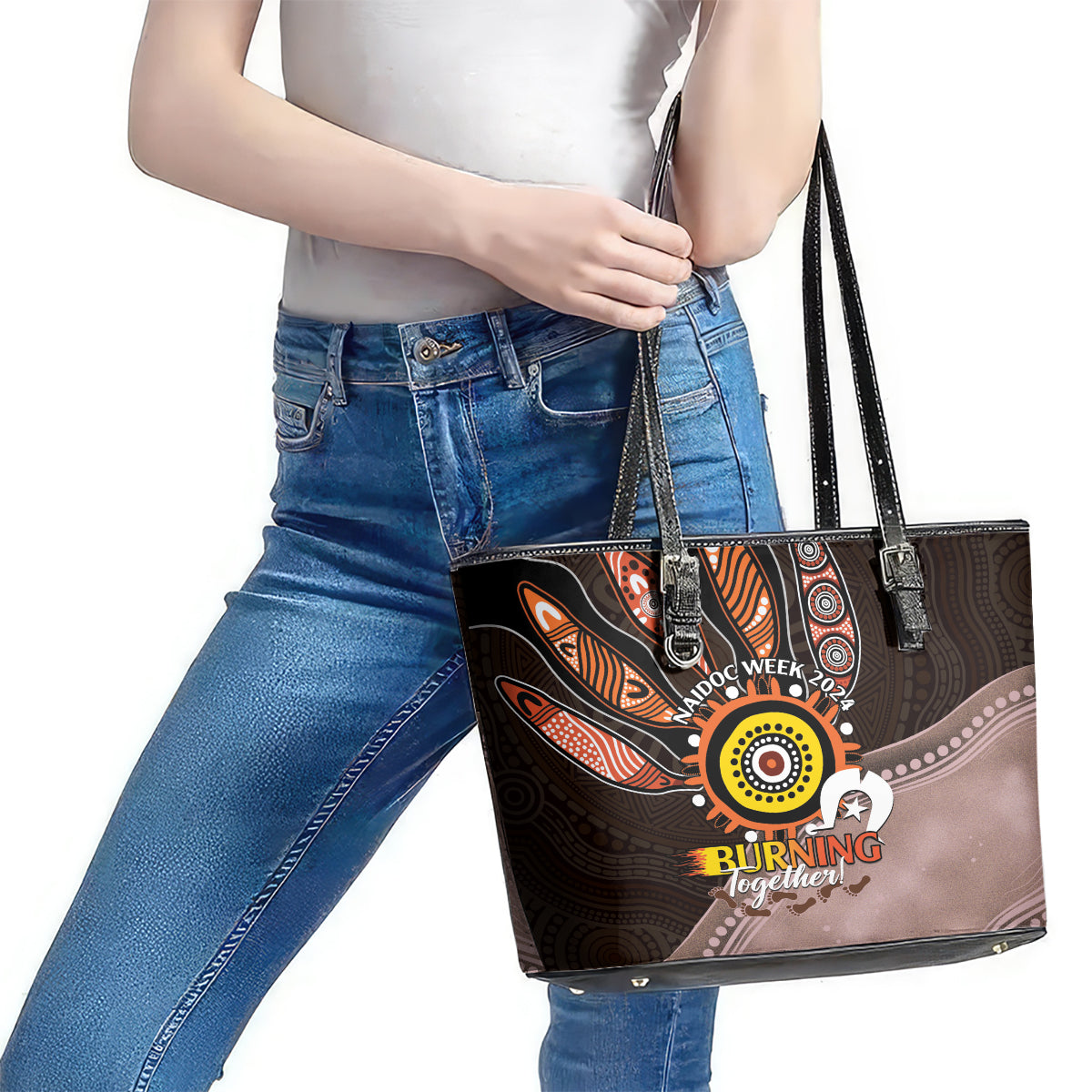 Fire Burning Together NAIDOC 2024 Leather Tote Bag Indigenous Art