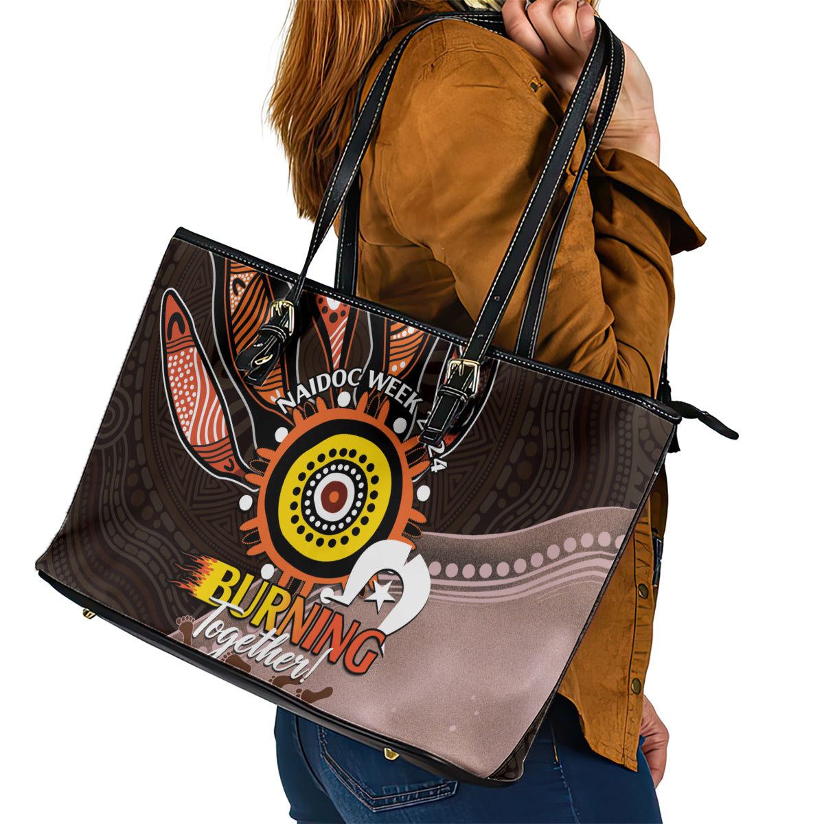 Fire Burning Together NAIDOC 2024 Leather Tote Bag Indigenous Art