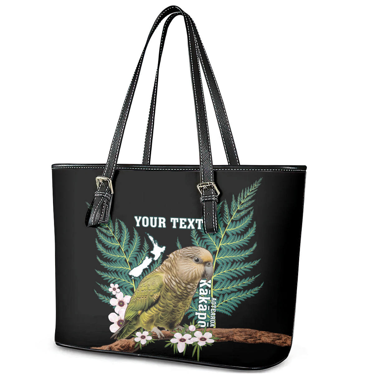 Personalised New Zealand Kakapo Leather Tote Bag Aotearoa Fern With Manuka