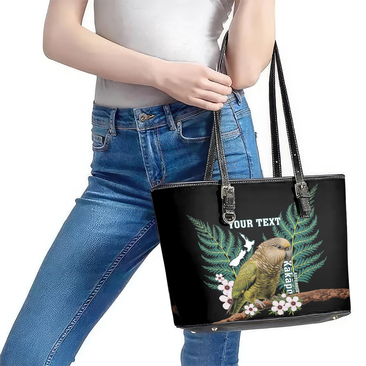 Personalised New Zealand Kakapo Leather Tote Bag Aotearoa Fern With Manuka