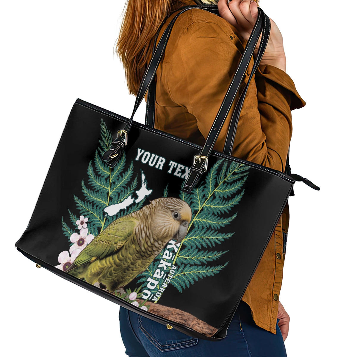 Personalised New Zealand Kakapo Leather Tote Bag Aotearoa Fern With Manuka