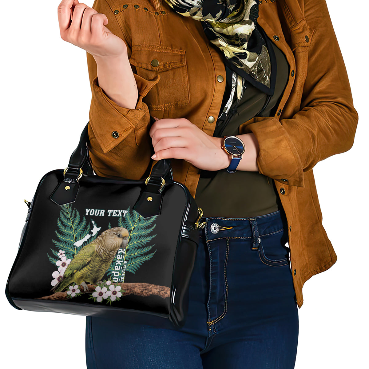 Personalised New Zealand Kakapo Shoulder Handbag Aotearoa Fern With Manuka