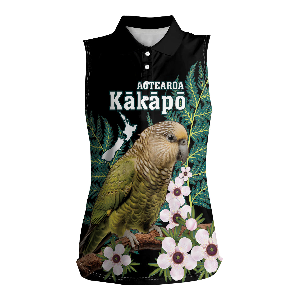 Personalised New Zealand Kakapo Women Sleeveless Polo Shirt Aotearoa Fern With Manuka