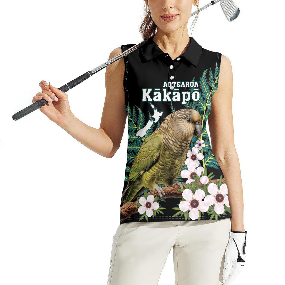 Personalised New Zealand Kakapo Women Sleeveless Polo Shirt Aotearoa Fern With Manuka