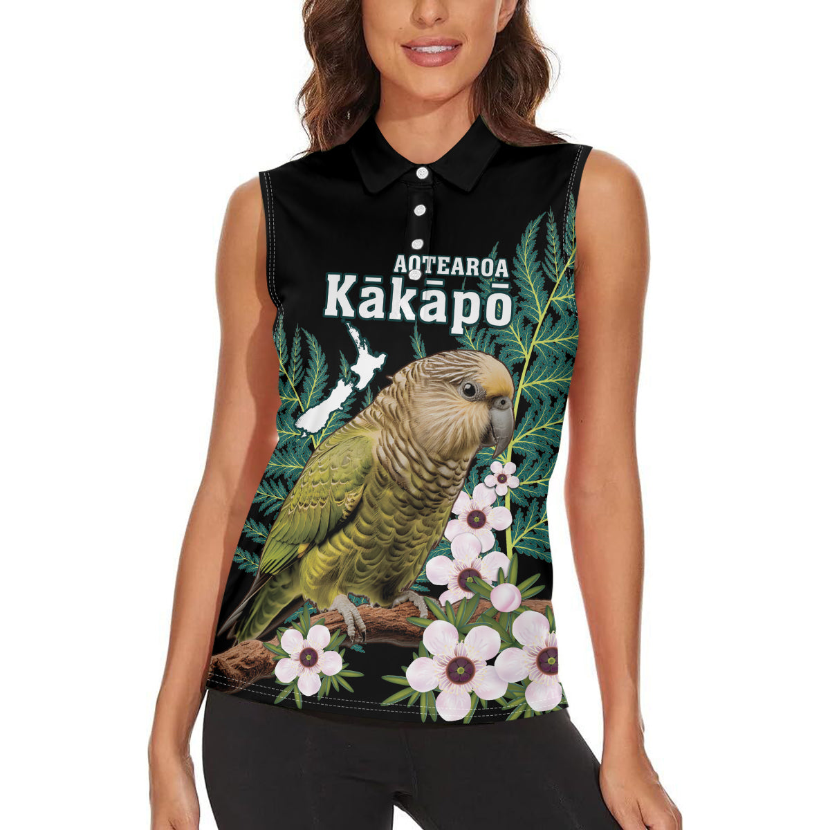 Personalised New Zealand Kakapo Women Sleeveless Polo Shirt Aotearoa Fern With Manuka