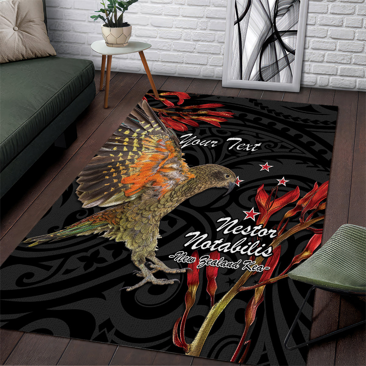 Personalised New Zealand Kea Area Rug Nestor Notabilis With Harakeke Maori Pattern