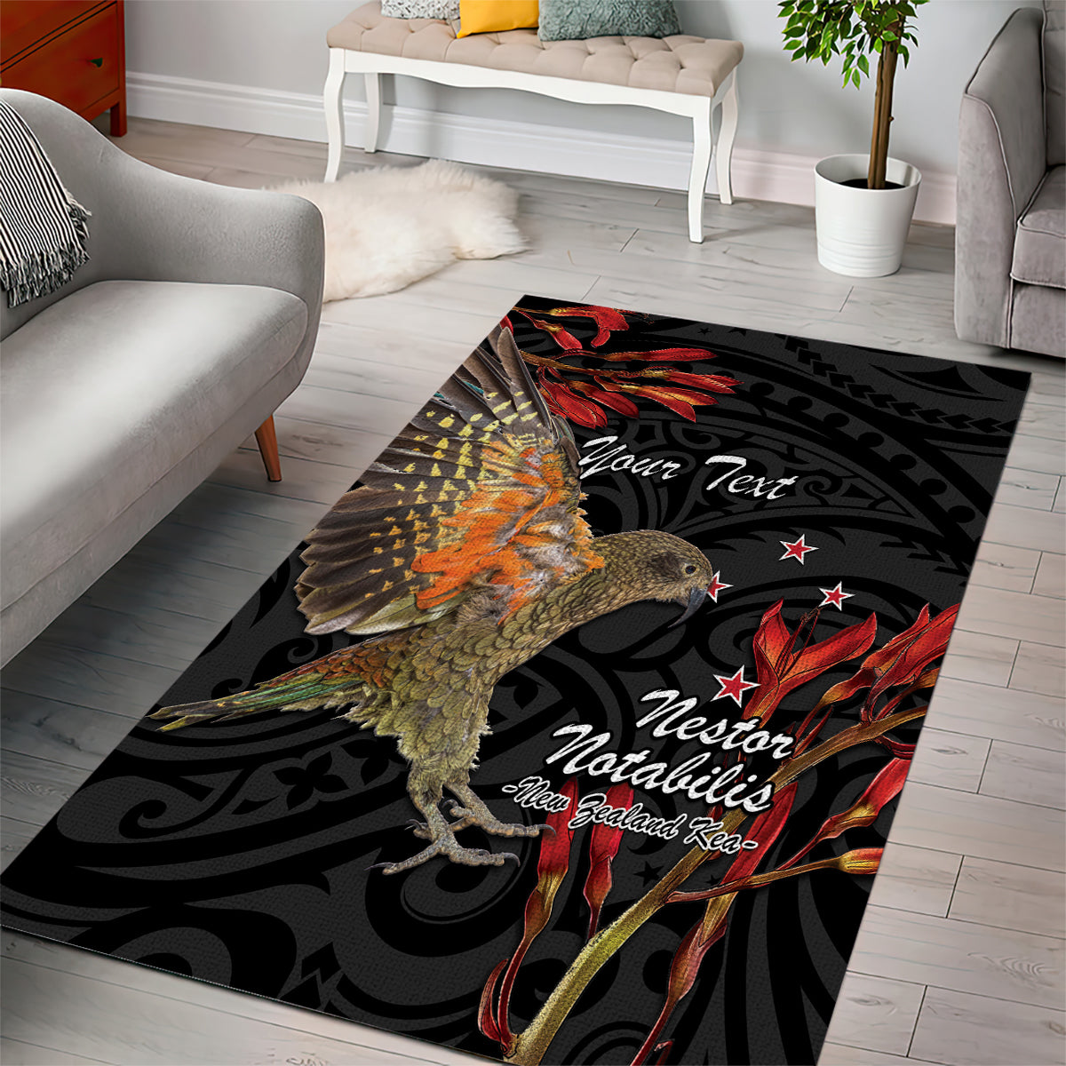 Personalised New Zealand Kea Area Rug Nestor Notabilis With Harakeke Maori Pattern