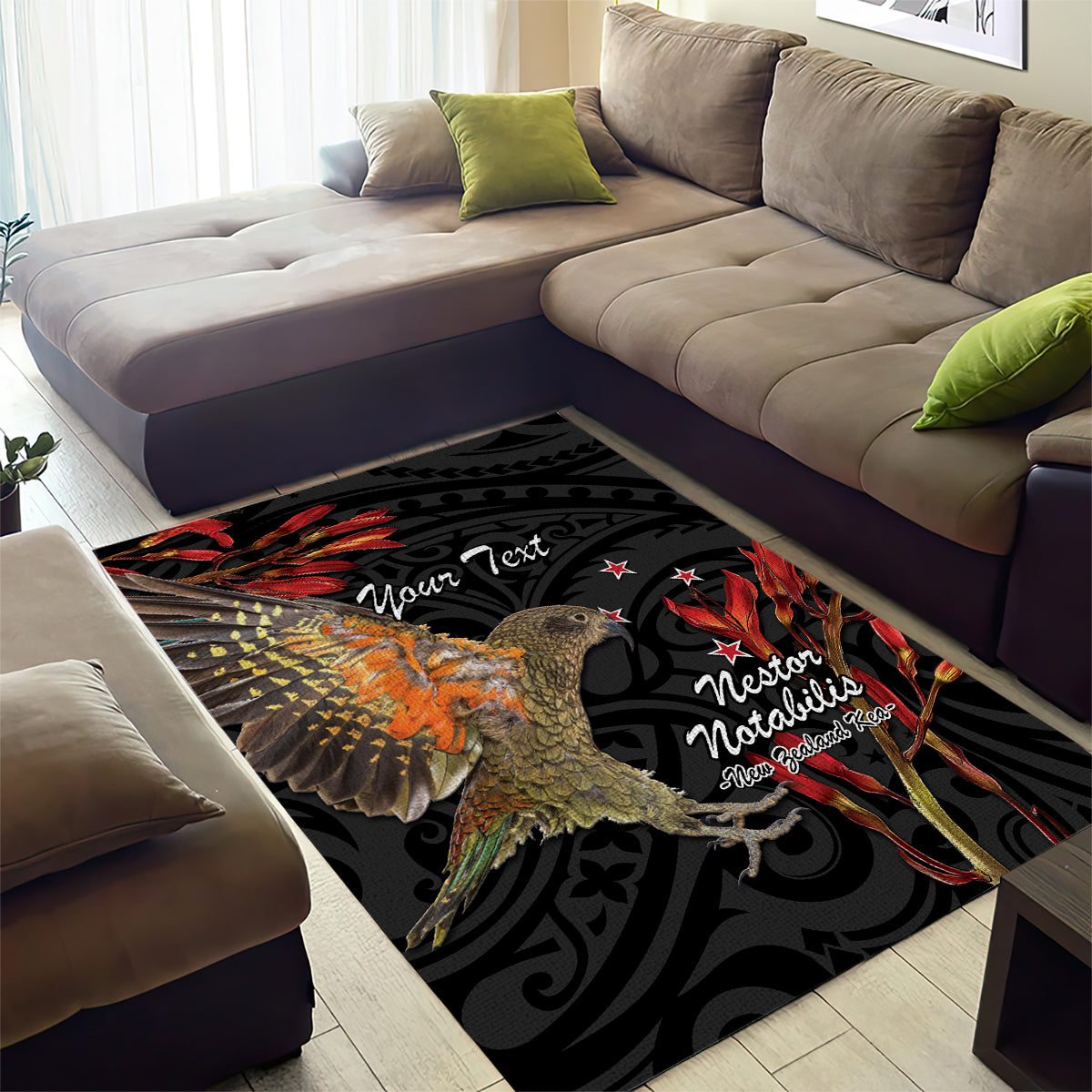 Personalised New Zealand Kea Area Rug Nestor Notabilis With Harakeke Maori Pattern