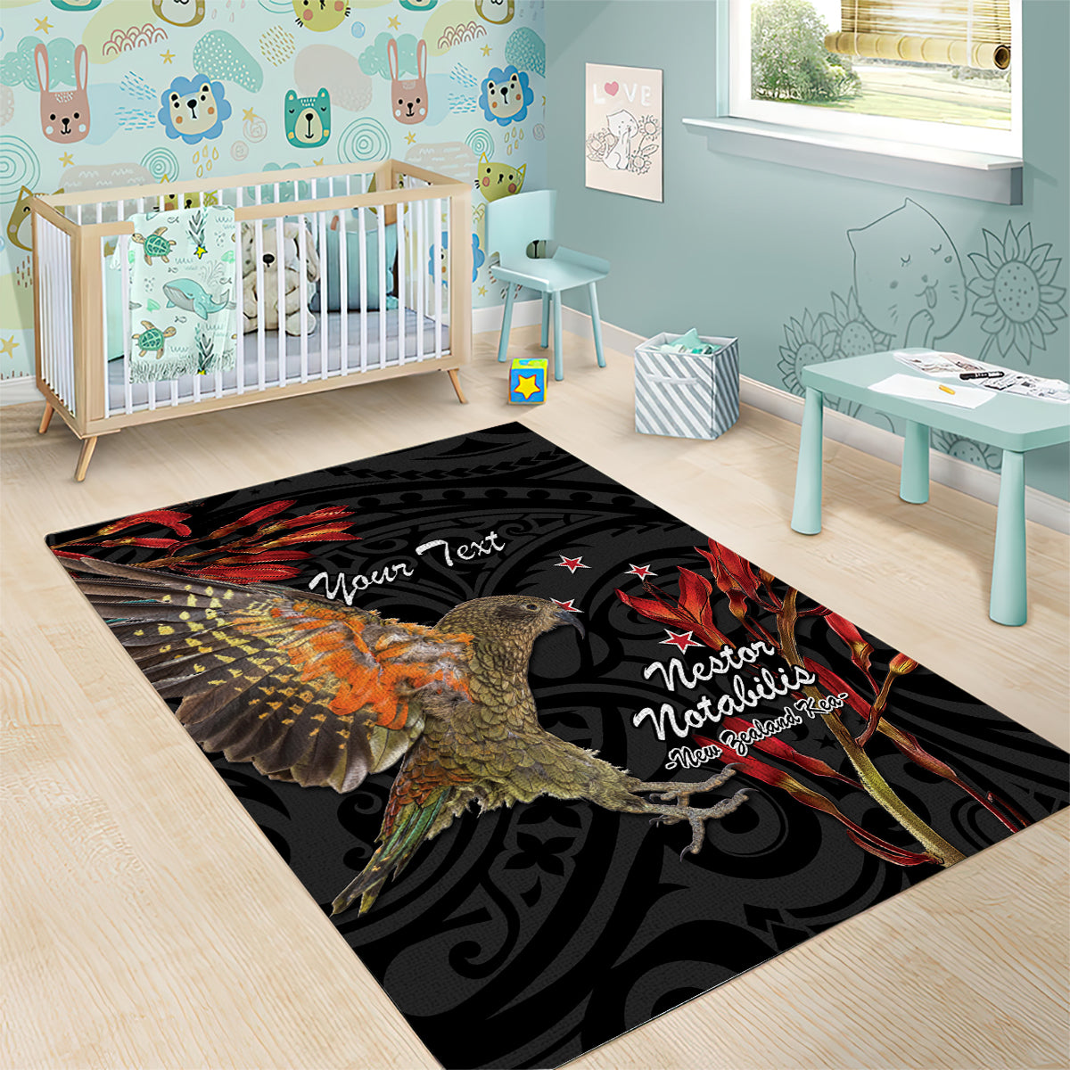 Personalised New Zealand Kea Area Rug Nestor Notabilis With Harakeke Maori Pattern