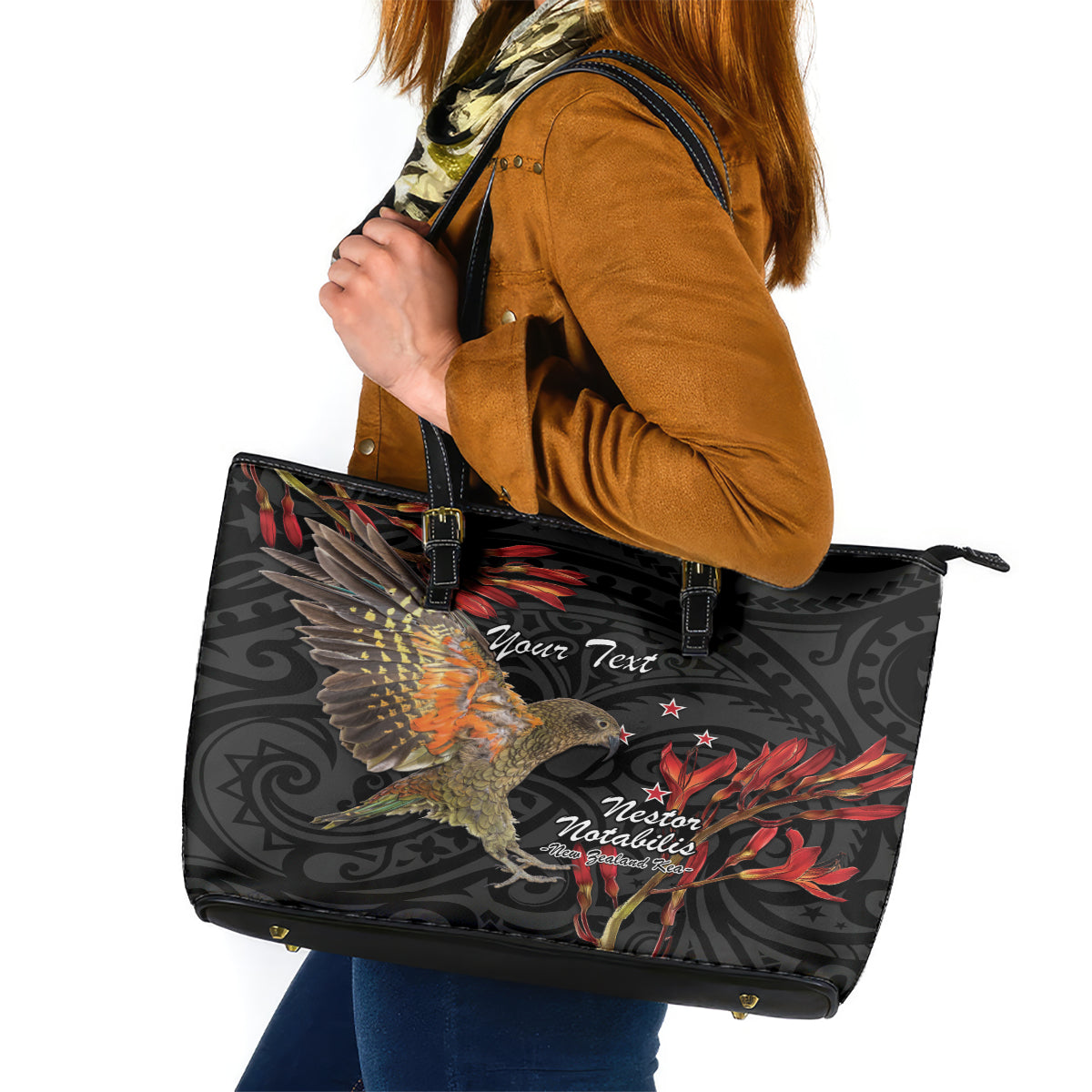 Personalised New Zealand Kea Leather Tote Bag Nestor Notabilis With Harakeke Maori Pattern