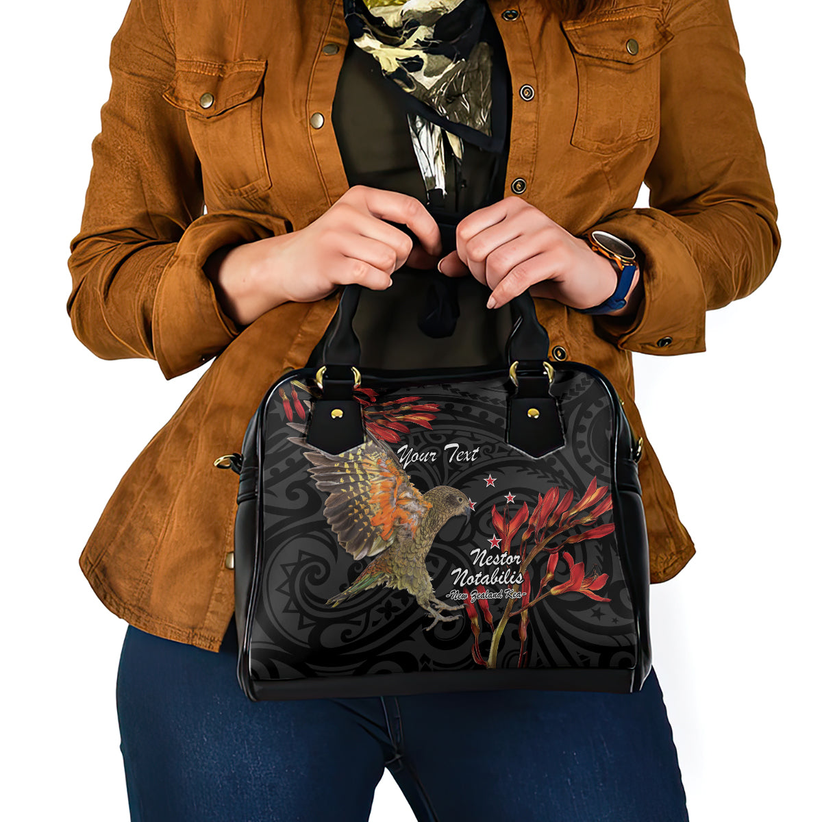 Personalised New Zealand Kea Shoulder Handbag Nestor Notabilis With Harakeke Maori Pattern