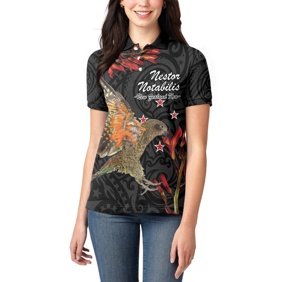 Personalised New Zealand Kea Women Polo Shirt Nestor Notabilis With Harakeke Maori Pattern