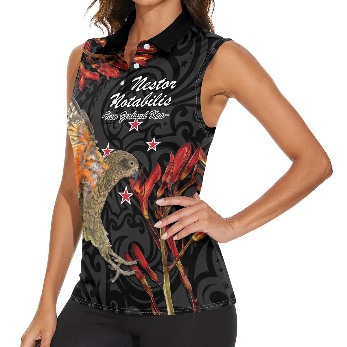 Personalised New Zealand Kea Women Sleeveless Polo Shirt Nestor Notabilis With Harakeke Maori Pattern