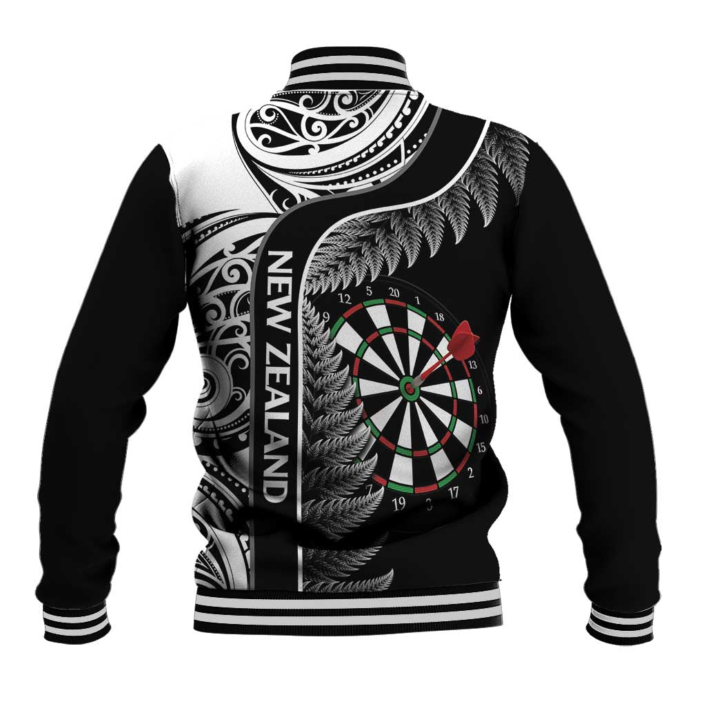 Personalised New Zealand Darts Baseball Jacket Aotearoa Fern Mix Paua Shell Manaia - Black