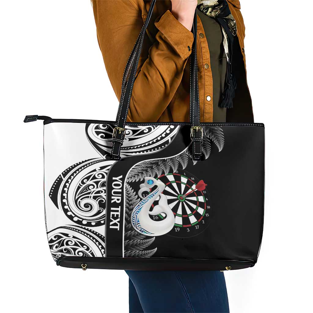 Personalised New Zealand Darts Leather Tote Bag Aotearoa Fern Mix Paua Shell Manaia - Black