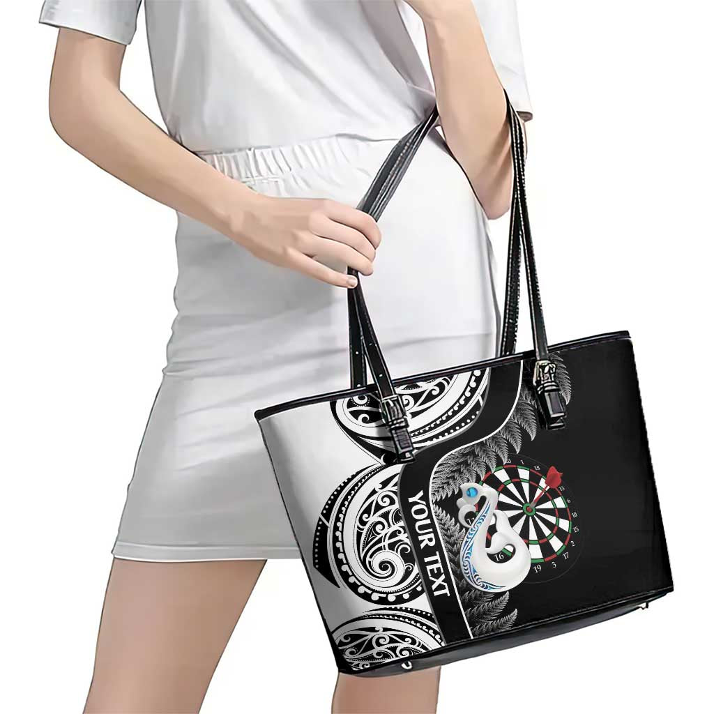 Personalised New Zealand Darts Leather Tote Bag Aotearoa Fern Mix Paua Shell Manaia - Black