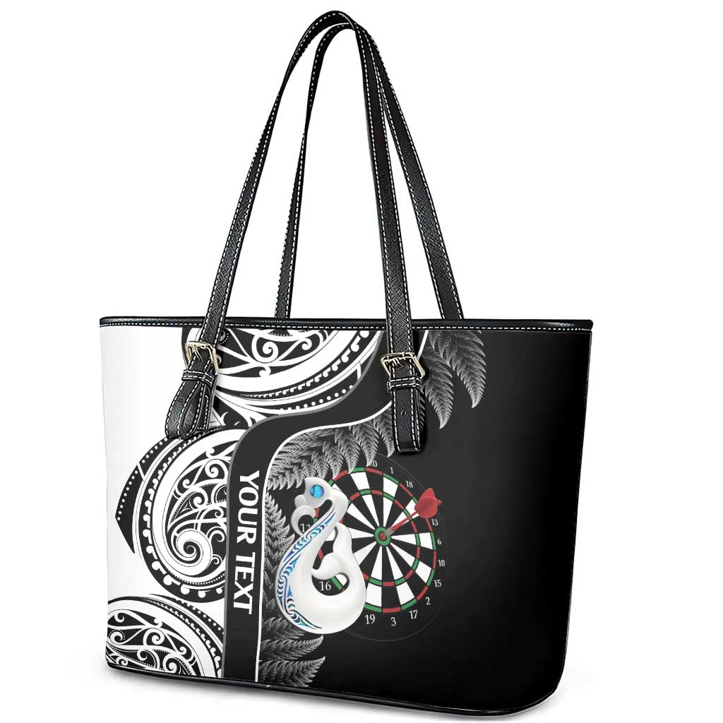 Personalised New Zealand Darts Leather Tote Bag Aotearoa Fern Mix Paua Shell Manaia - Black