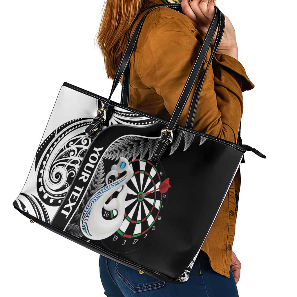 Personalised New Zealand Darts Leather Tote Bag Aotearoa Fern Mix Paua Shell Manaia - Black