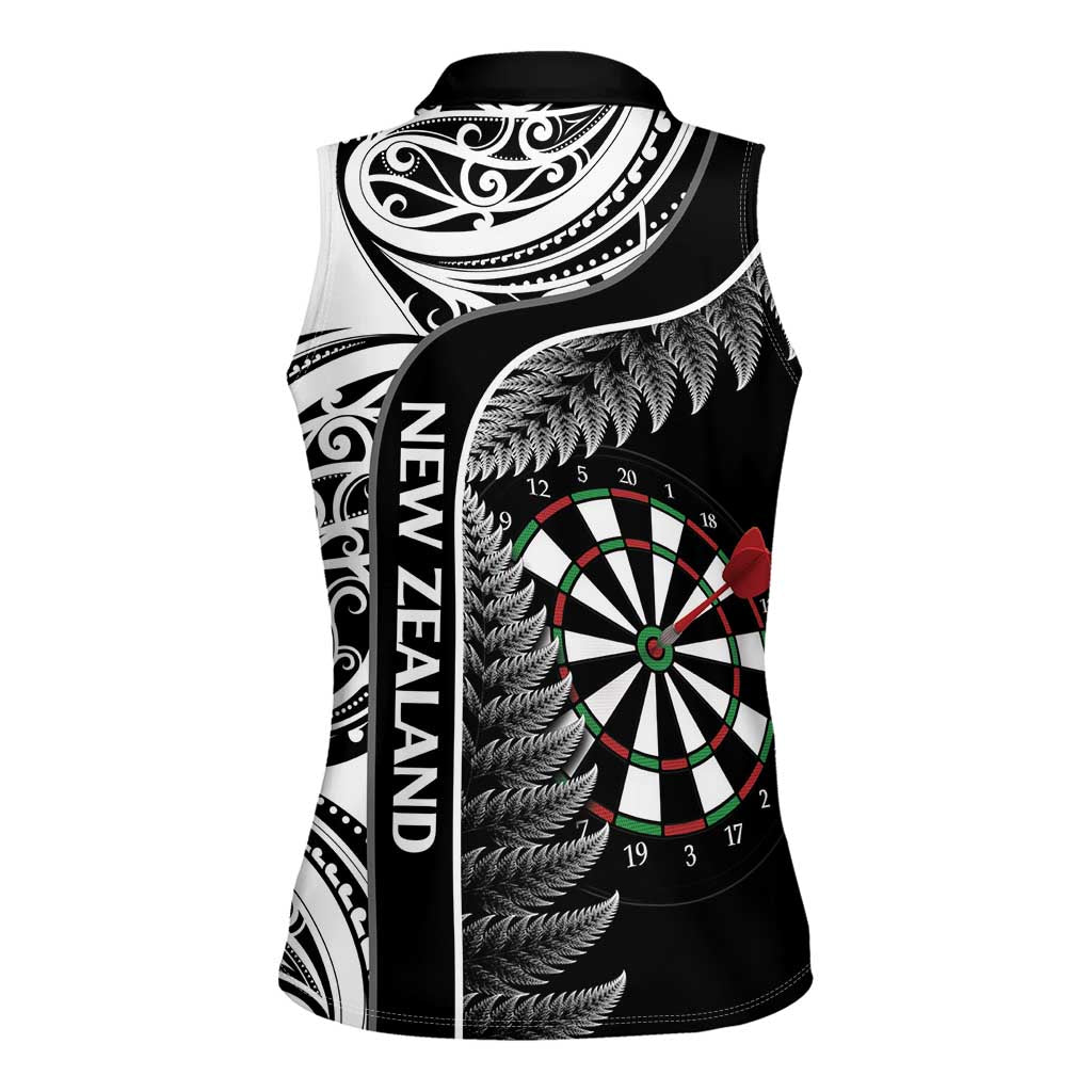 Personalised New Zealand Darts Women Sleeveless Polo Shirt Aotearoa Fern Mix Paua Shell Manaia - Black