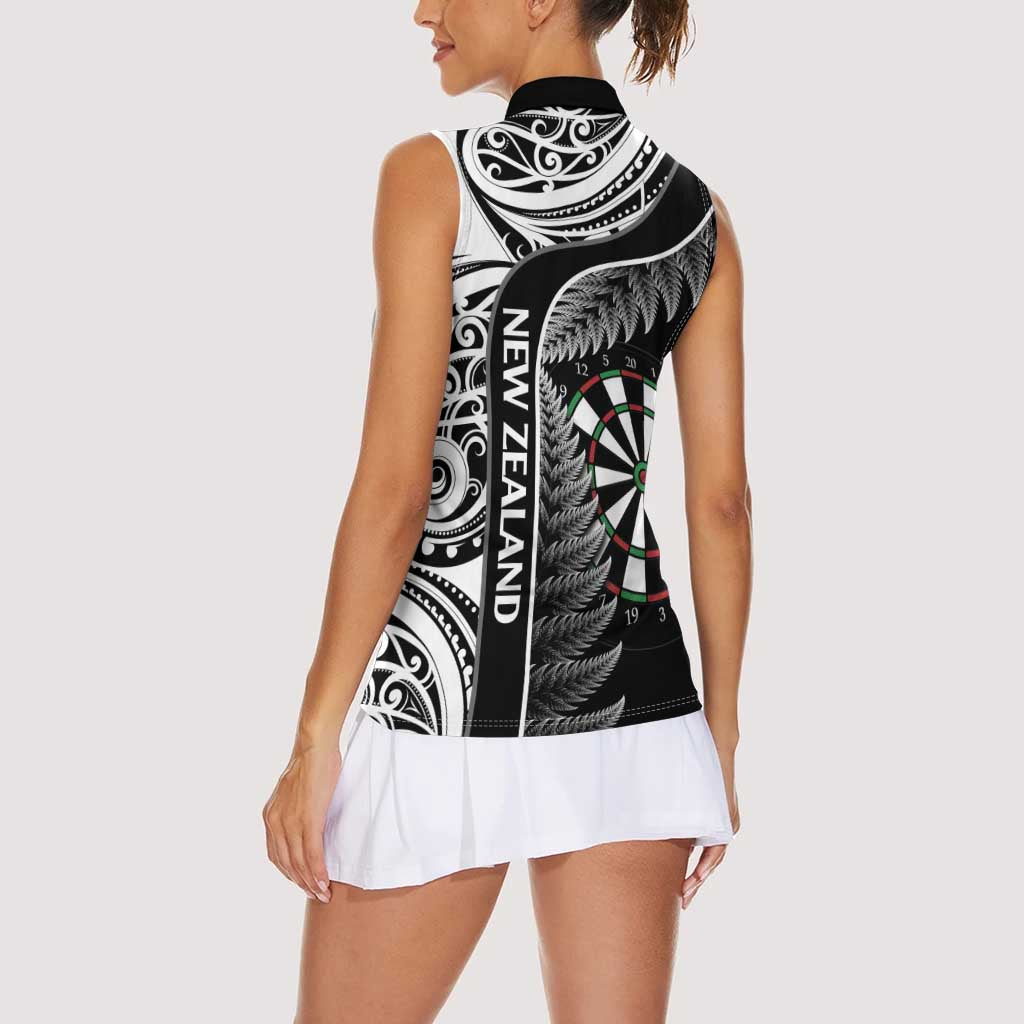 Personalised New Zealand Darts Women Sleeveless Polo Shirt Aotearoa Fern Mix Paua Shell Manaia - Black