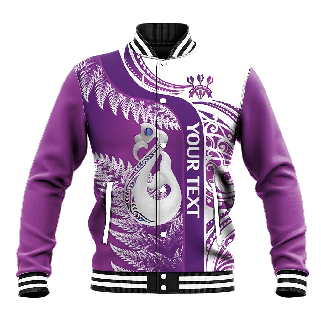 Personalised New Zealand Darts Baseball Jacket Aotearoa Fern Mix Paua Shell Manaia - Purple