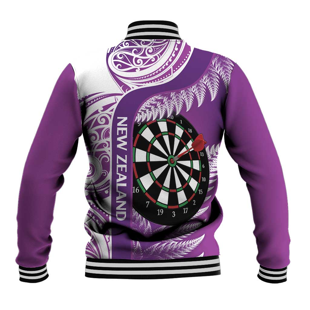 Personalised New Zealand Darts Baseball Jacket Aotearoa Fern Mix Paua Shell Manaia - Purple