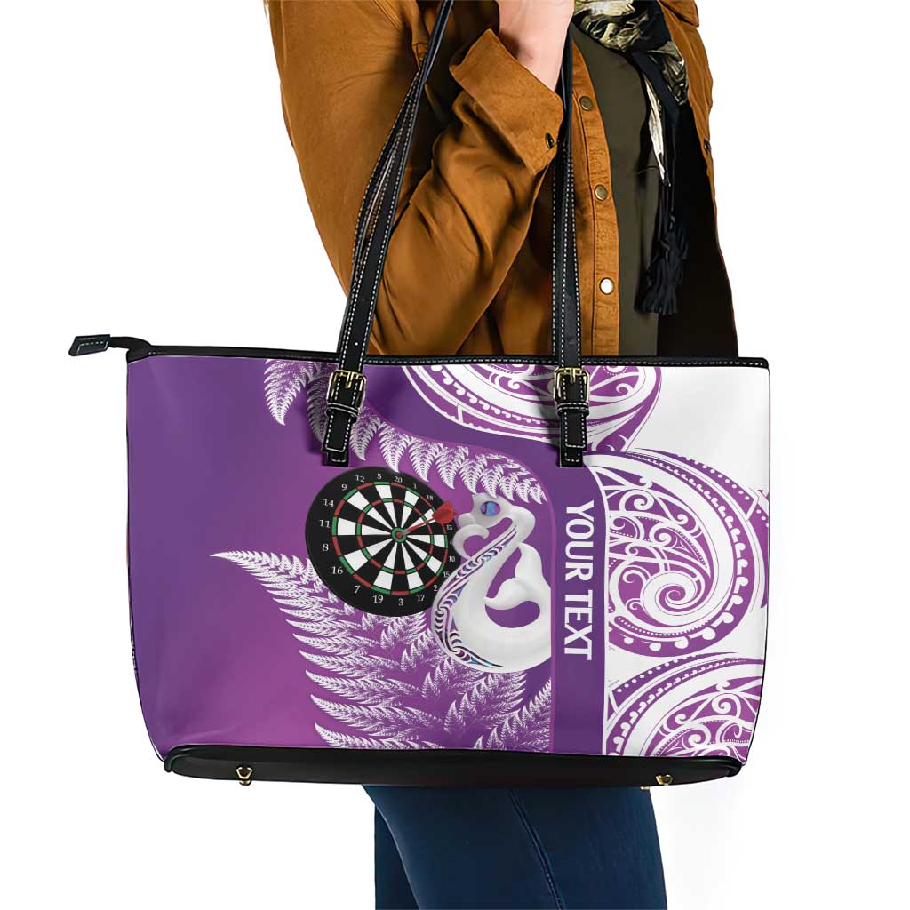 Personalised New Zealand Darts Leather Tote Bag Aotearoa Fern Mix Paua Shell Manaia - Purple