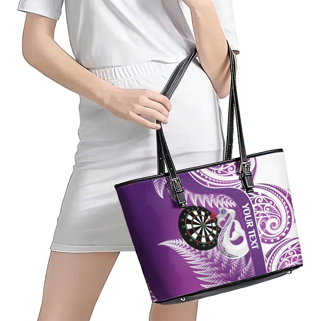 Personalised New Zealand Darts Leather Tote Bag Aotearoa Fern Mix Paua Shell Manaia - Purple