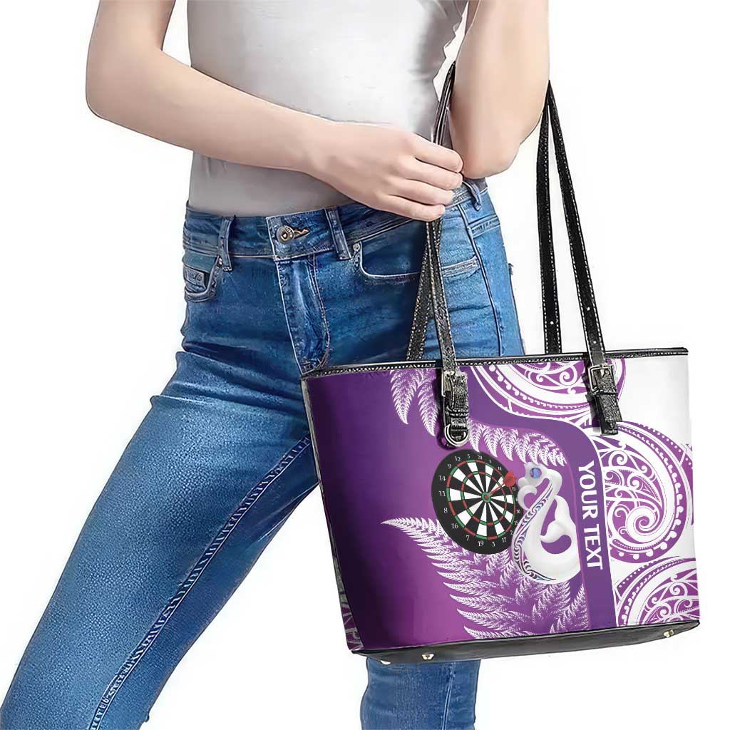 Personalised New Zealand Darts Leather Tote Bag Aotearoa Fern Mix Paua Shell Manaia - Purple