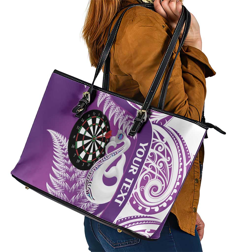 Personalised New Zealand Darts Leather Tote Bag Aotearoa Fern Mix Paua Shell Manaia - Purple