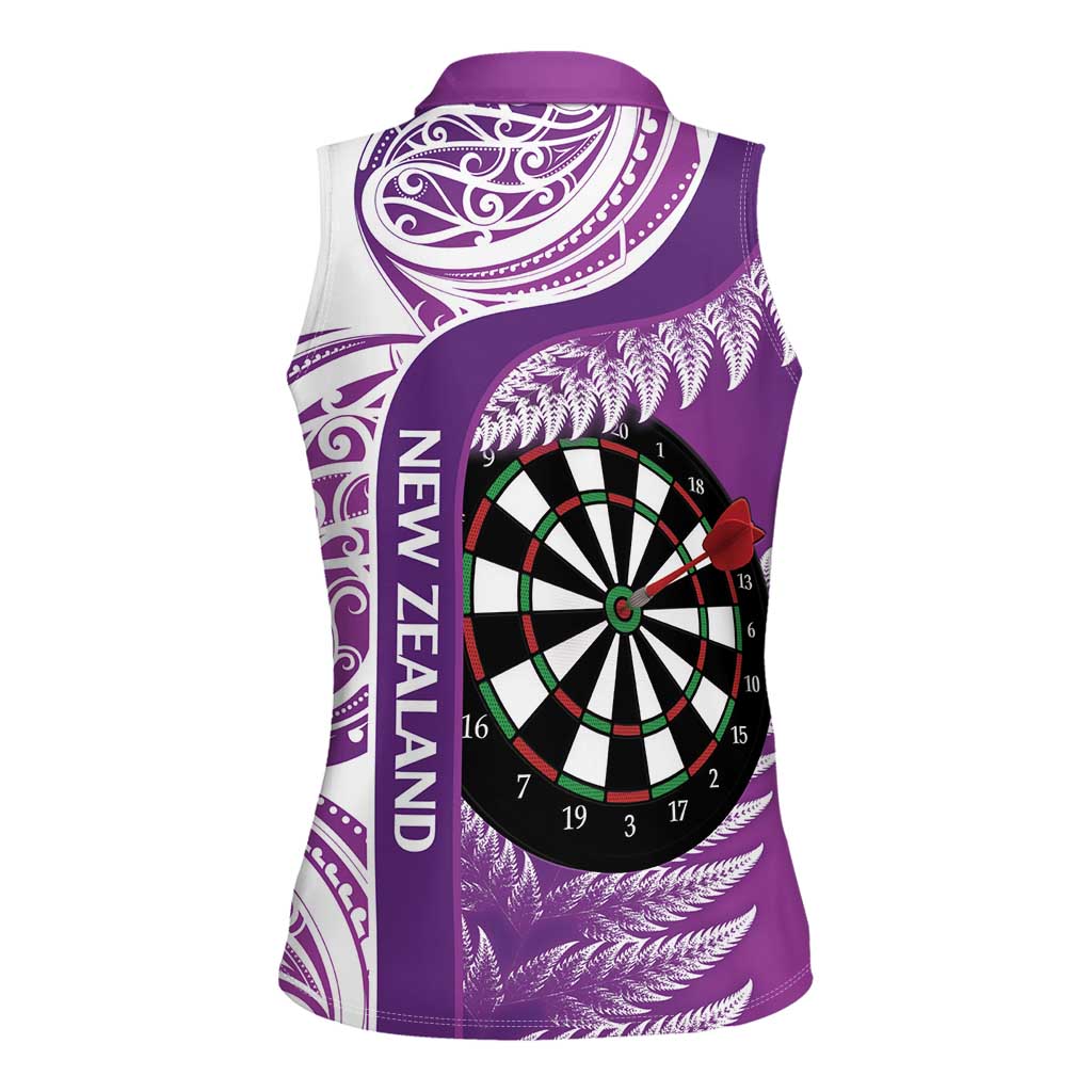 Personalised New Zealand Darts Women Sleeveless Polo Shirt Aotearoa Fern Mix Paua Shell Manaia - Purple