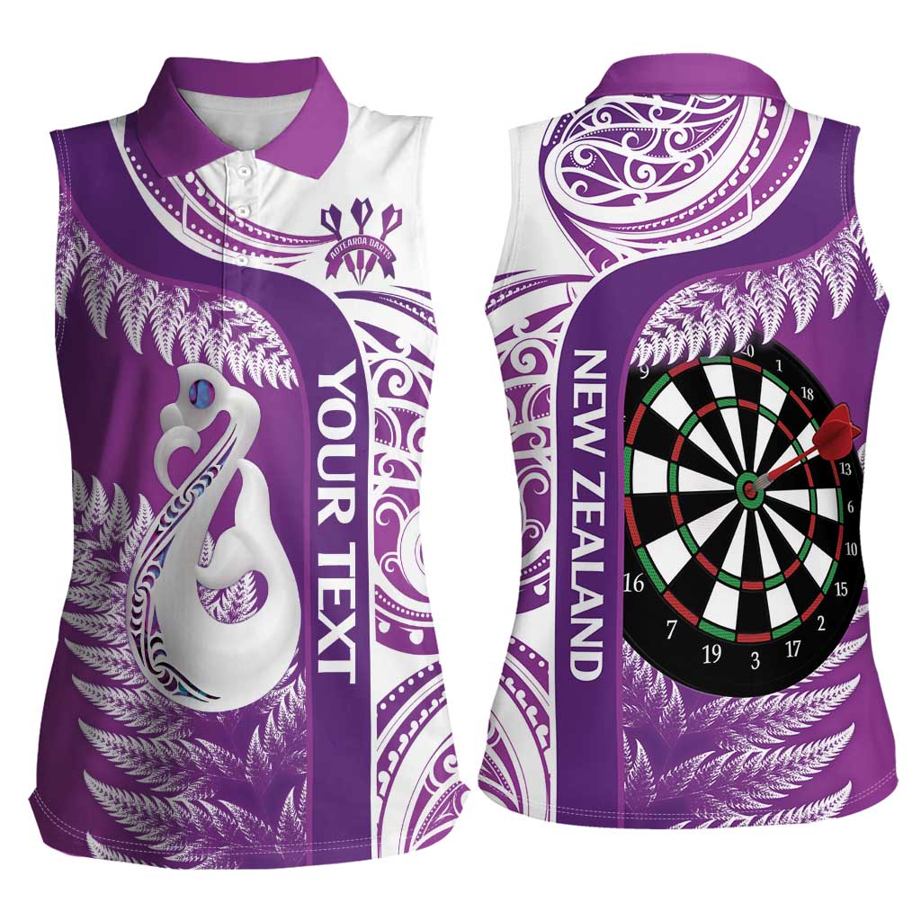 Personalised New Zealand Darts Women Sleeveless Polo Shirt Aotearoa Fern Mix Paua Shell Manaia - Purple