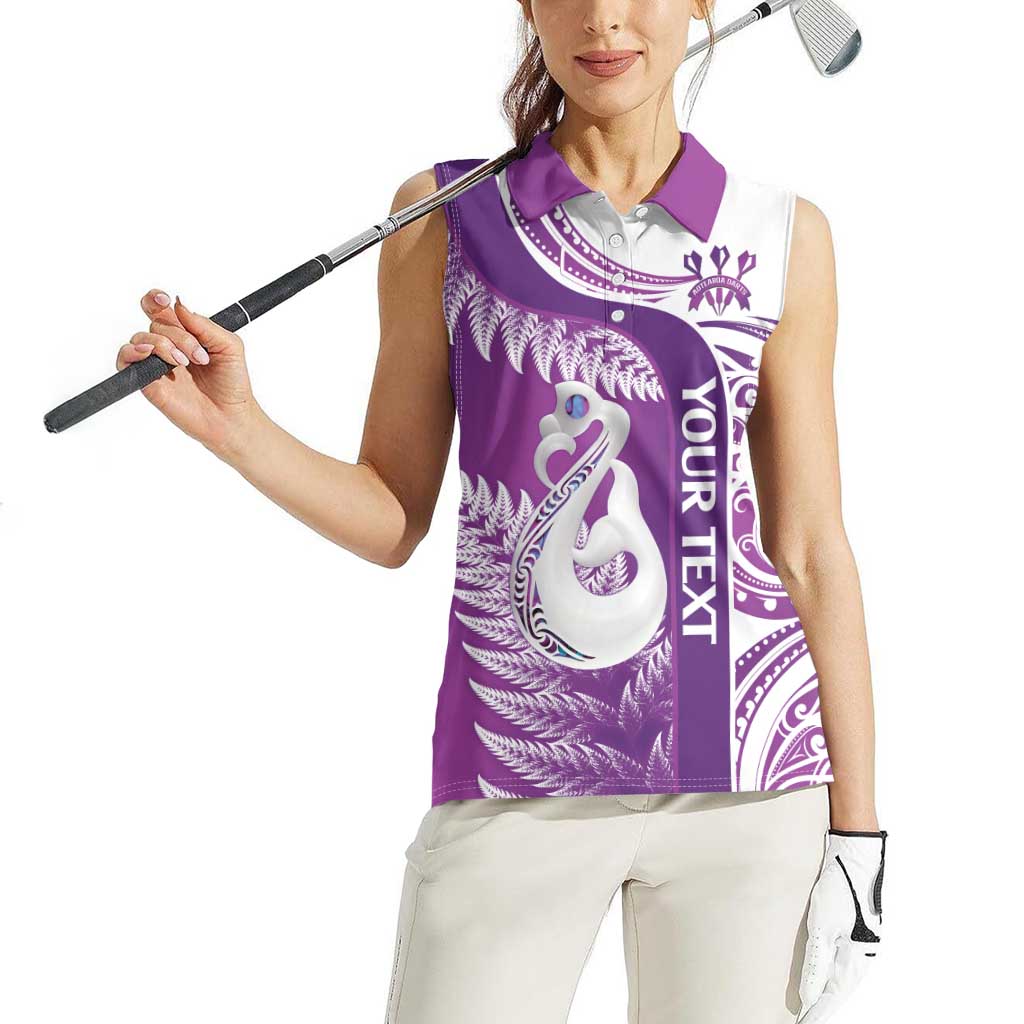 Personalised New Zealand Darts Women Sleeveless Polo Shirt Aotearoa Fern Mix Paua Shell Manaia - Purple