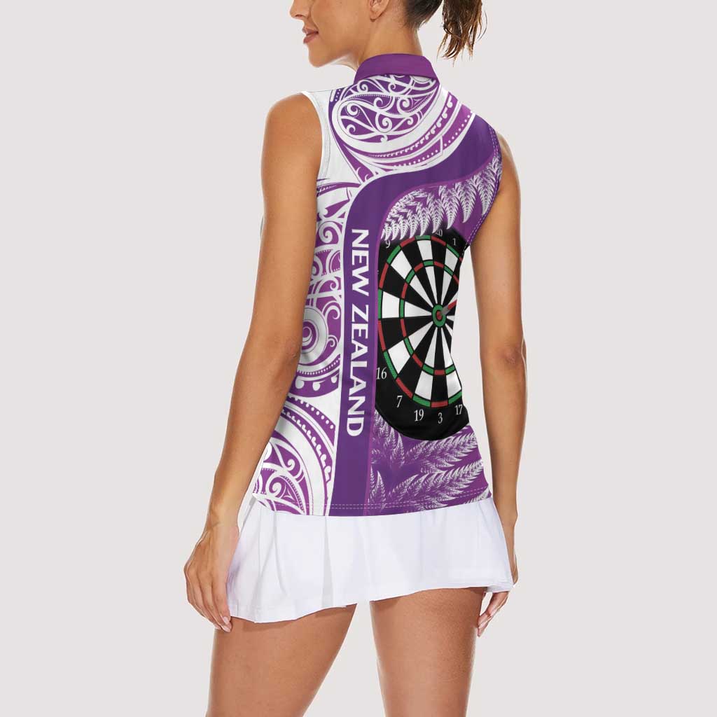 Personalised New Zealand Darts Women Sleeveless Polo Shirt Aotearoa Fern Mix Paua Shell Manaia - Purple