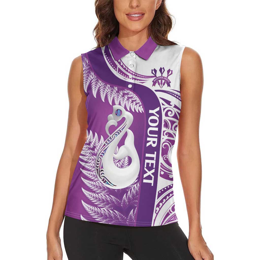 Personalised New Zealand Darts Women Sleeveless Polo Shirt Aotearoa Fern Mix Paua Shell Manaia - Purple